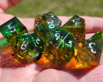 Sharp Edge Dice - Green Full Set with Inclusions - Forest Fire Polyhedral Dice Set