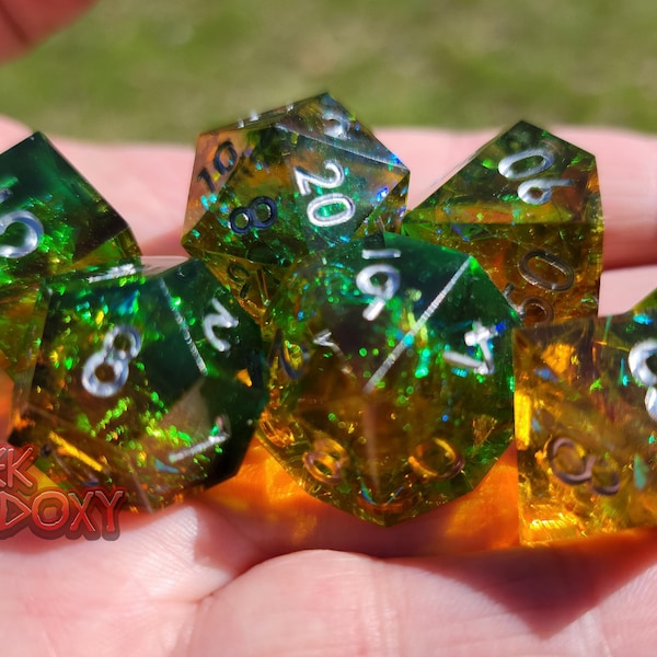 Sharp Edge Dice - Green Full Set with Inclusions - Forest Fire Polyhedral Dice Set