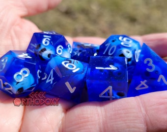 Sharp Edge Dice - Blue Full Set with Skull Inclusions - Eldritch Skulls Polyhedral Dice Set