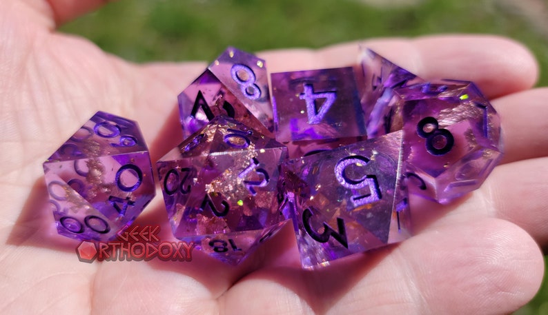 Sharp Edge Dice  Purple Full Set with Inclusions for D&D image 1