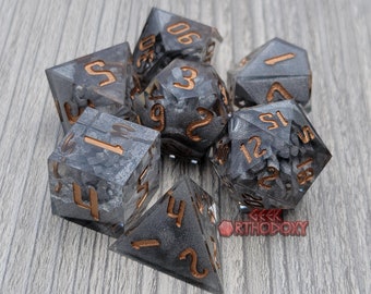 Sharp Edge Dice - Full Set with Inclusions - Gray Dice Polyhedral Dice Set -- Crystal Cavern