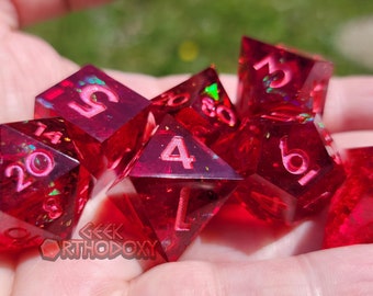 Sharp Edge Dice -Red Full Set with Inclusions for D&D, RPGs, roleplaying - Raspberry Polyhedral Dice Set