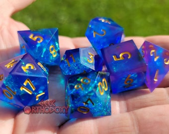 Sharp Edge Dice - Blue and Purple Full Set with Inclusions - Royal Sapphire Polyhedral Dice Set