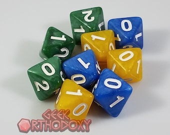 Juego de dados poliédricos binomiales: dados D8 perlados con remolino, juego de 9