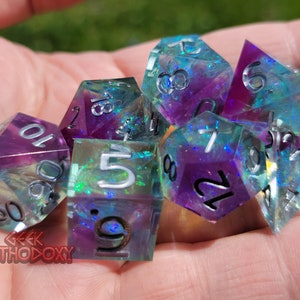 Sharp Edge Dice - Blue and Purple Full Set with Inclusions for D&D, RPGs, roleplaying - Mardi Gras Polyhedral Dice Set