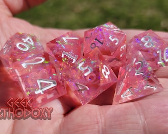 Sharp Edge Dice - Pink Full Set with Inclusions - Blushing Pink Polyhedral Dice Set
