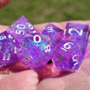 Sharp Edge Dice - Purple Full Set with Inclusions - Faerie Dust Polyhedral Dice Set
