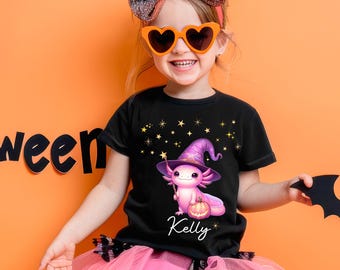 Axolotl Halloween, Girls Halloween Tee, Spooky Axolotl, Custom Axolotl Tee, Axolotl Costume, Little Witch Shirt