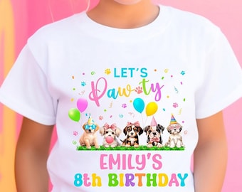 Puede incluir: Camiseta blanca con un gráfico colorido de perros con sombreros de fiesta y el texto "Let's Pawty Emily's 8th Birthday".