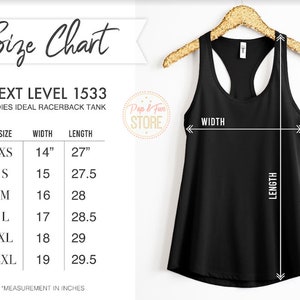 Peut inclure: Un d&eacute;bardeur noir suspendu &agrave; un cintre dor&eacute;. L'image comprend un tableau des tailles pour le d&eacute;bardeur Next Level 1533 Ladies Ideal Racerback, avec des mesures en pouces. Le tableau indique les tailles XS &agrave; 2XL, avec des mesures de largeur et de longueur.