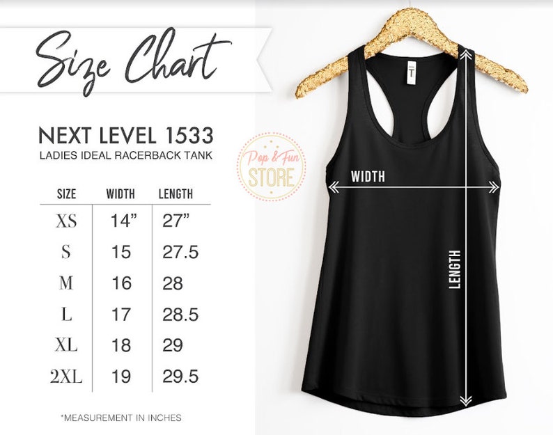 Peut inclure: Un d&eacute;bardeur noir suspendu &agrave; un cintre dor&eacute;. L'image comprend un tableau des tailles pour le d&eacute;bardeur Next Level 1533 Ladies Ideal Racerback, avec des mesures en pouces. Le tableau indique les tailles XS &agrave; 2XL, avec des mesures de largeur et de longueur.