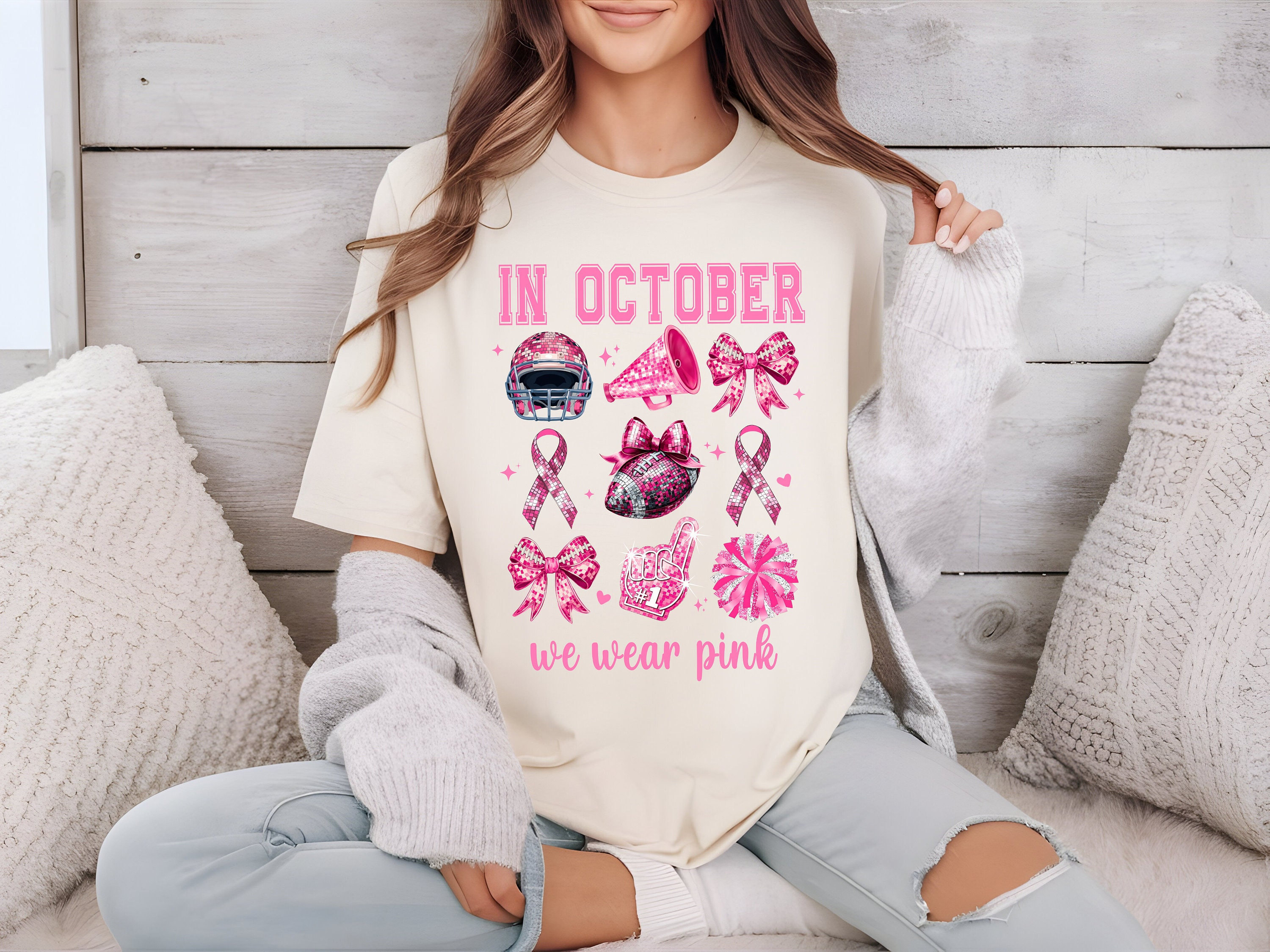 In October We Wear Pink, Pink Out Cancer, Comfort Colors, Pink Ribbon Shirt, Pink Football Shirt, Breast Cancer Awareness, Cheer Football