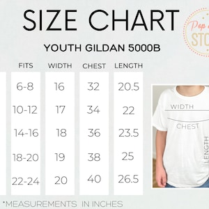 May include: Size chart for youth Gildan 5000B t-shirts, showing measurements in inches for sizes XS to XL. The chart includes measurements for width, chest, and length.