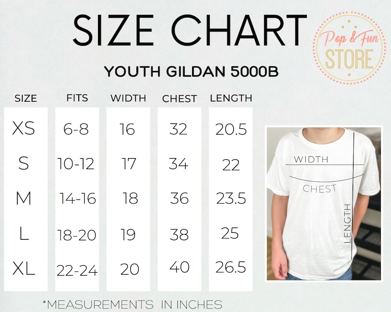 May include: Size chart for youth Gildan 5000B t-shirts, showing measurements in inches for sizes XS to XL. The chart includes measurements for width, chest, and length.