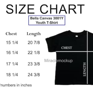 以下が含まれることがあります： Bella Canvas 3001Y ユースTシャツのサイズチャート。チャートは、サイズS、M、L、XLの胸囲と着丈をインチで示しています。