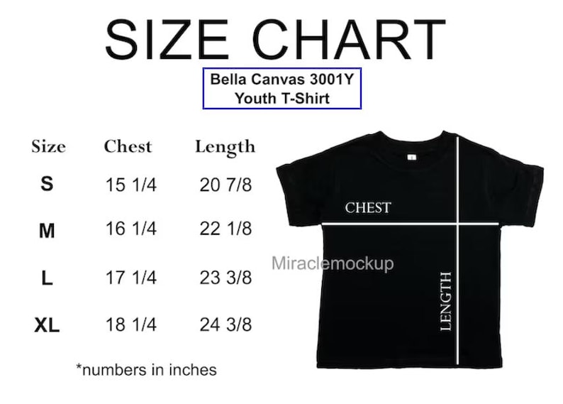以下が含まれることがあります： Bella Canvas 3001Y ユースTシャツのサイズチャート。チャートは、サイズS、M、L、XLの胸囲と着丈をインチで示しています。