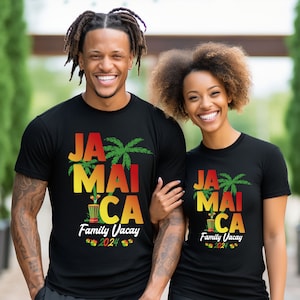 May include: Two people wearing black t-shirts with a graphic design that says "Jamaica Family Vacay 2024" in red, yellow, and green. The design includes palm trees and a drum.