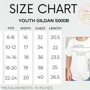 May include: Size chart for youth Gildan 5000B t-shirts, showing measurements in inches for sizes XS to XL. The chart includes measurements for width, chest, and length.