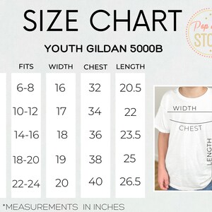 May include: A white size chart for youth Gildan 5000B t-shirts. The chart includes sizes XS to XL, with measurements in inches (converted to cm) for width, chest, and length. A diagram shows how to measure the shirt.