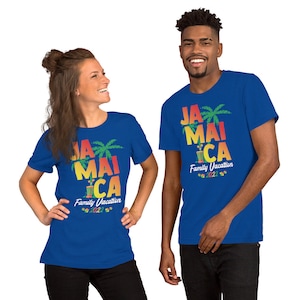 May include: Two people wearing blue t-shirts with a graphic design that says "Jamaica Family Vacation 2022" with palm trees and a cocktail shaker.