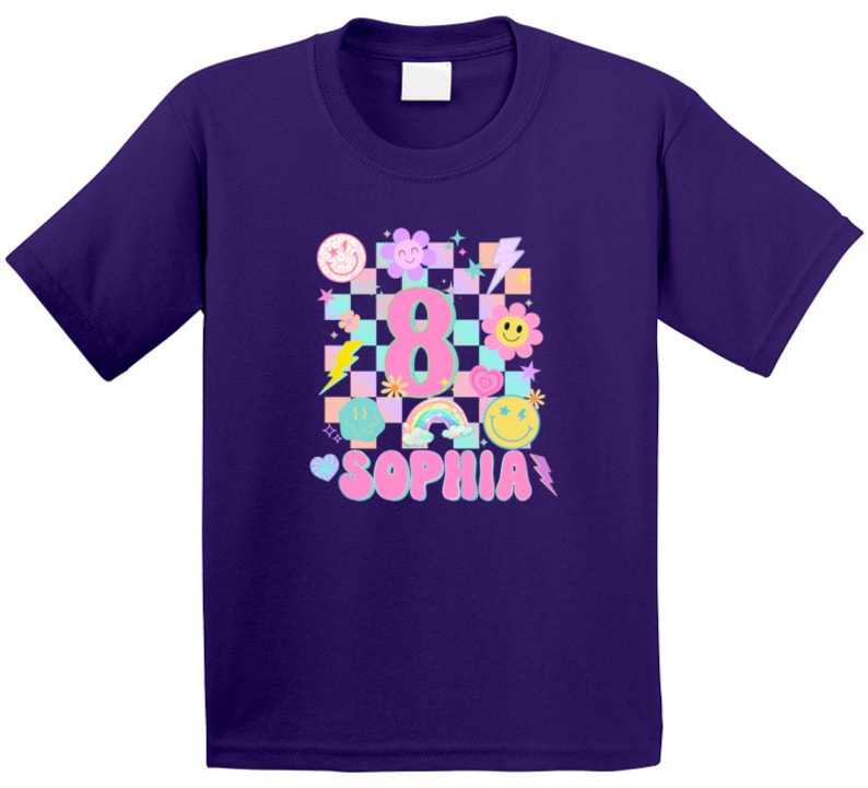 May include: A purple t-shirt with a vibrant design for an eighth birthday celebration. The design incorporates a checkered pattern, the number 8, the name Sophia, and cheerful smiley faces, flowers, and lightning bolts.