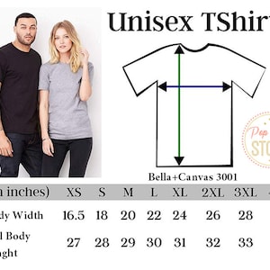 May include: Unisex t-shirt size chart in inches, showing measurements for body width and full body length. Sizes range from XS to 4XL. The chart is labeled "Bella+Canvas 3001".