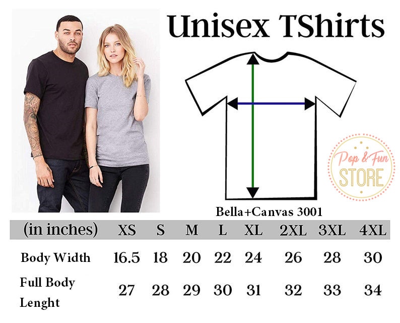 May include: Unisex t-shirt size chart in inches, showing measurements for body width and full body length. Sizes range from XS to 4XL. The chart is labeled "Bella+Canvas 3001".