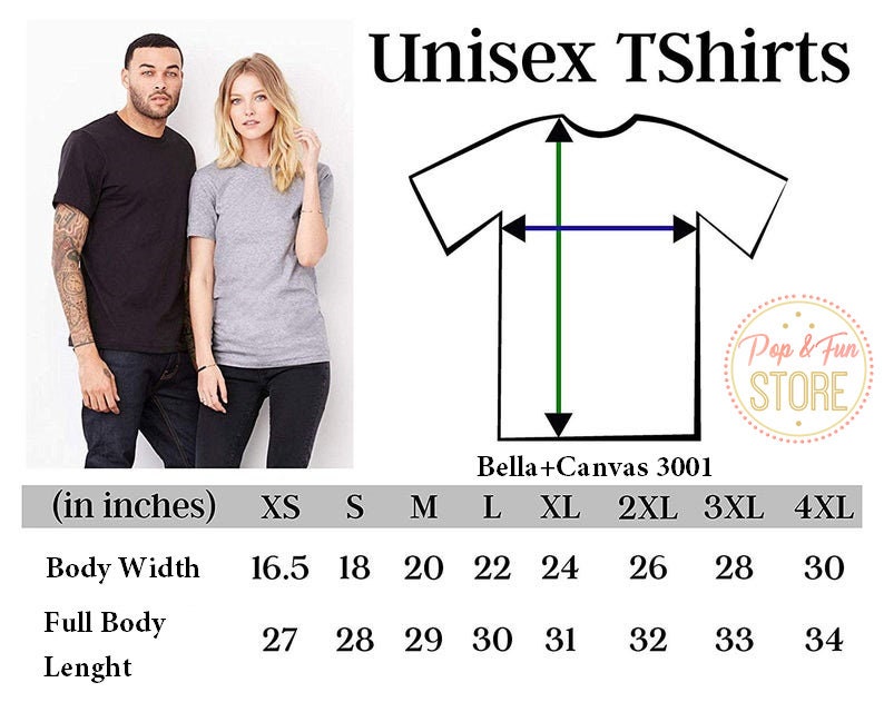Peut inclure: Image d'un homme et d'une femme portant des t-shirts noirs et gris. L'image comprend un tableau des tailles pour les t-shirts unisexes, avec des mesures en pouces pour la largeur du corps et la longueur totale du corps. La marque est Bella+Canvas 3001.