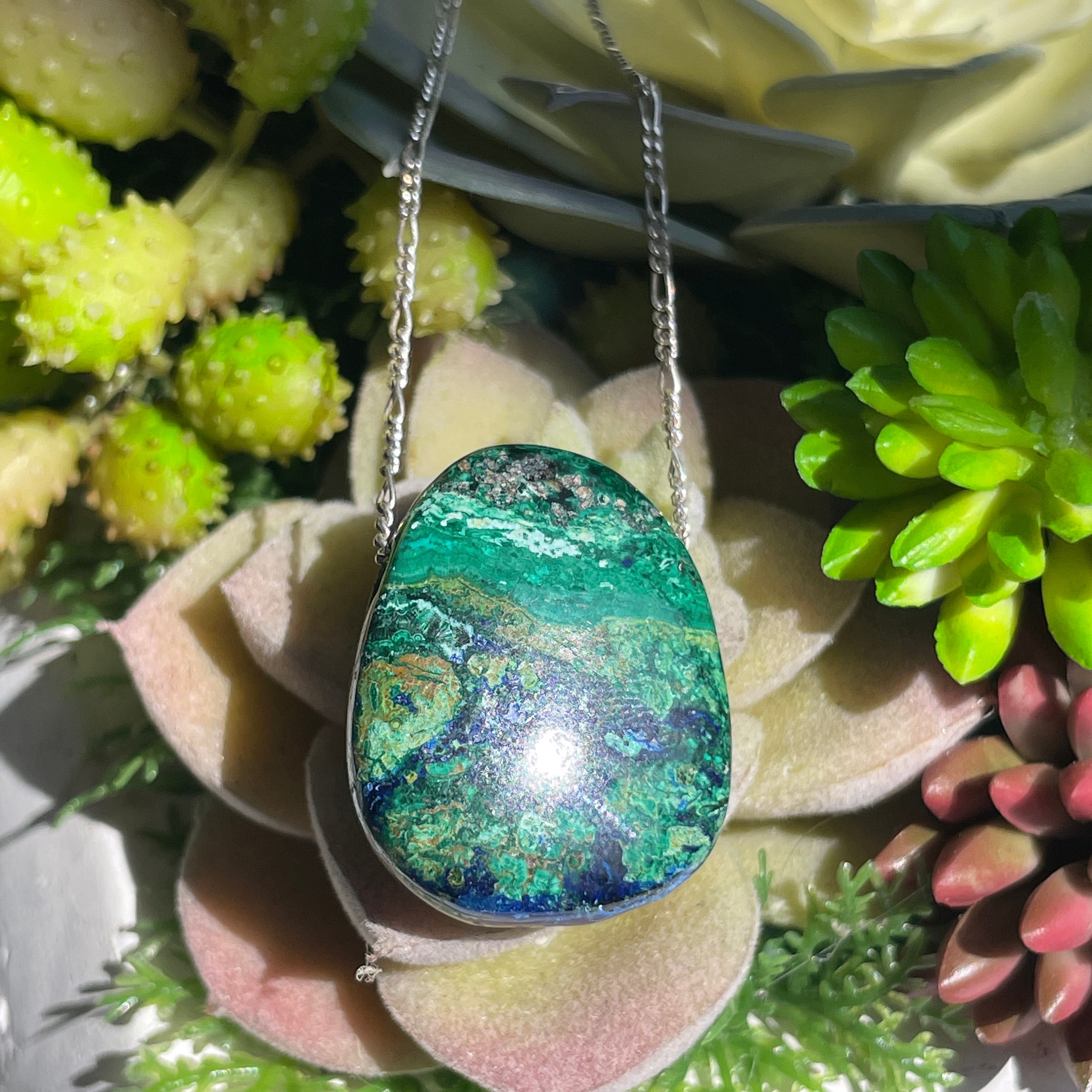 Collier Azurite Malachite Naturelle Avec Pendentif Triangle - 46 Cm, Argent Massif, 225 Carats, Neuf