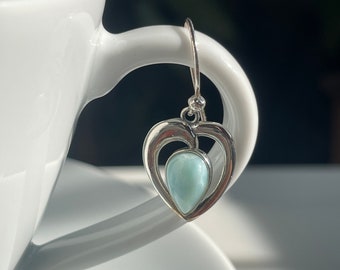 Pendientes corazón Larimar natural y plata de primera ley, SSE027