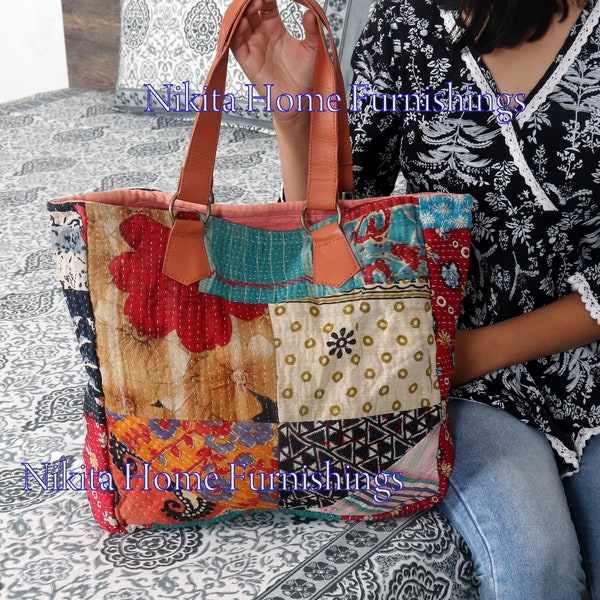 Kantha Bag Kantha Cotton Bag Handbag Women Shoulder Bag Vintage Leather Strap Shopping Bag Handmade Tote Bag Assorted Patch BUY 2 GET 1 FREE