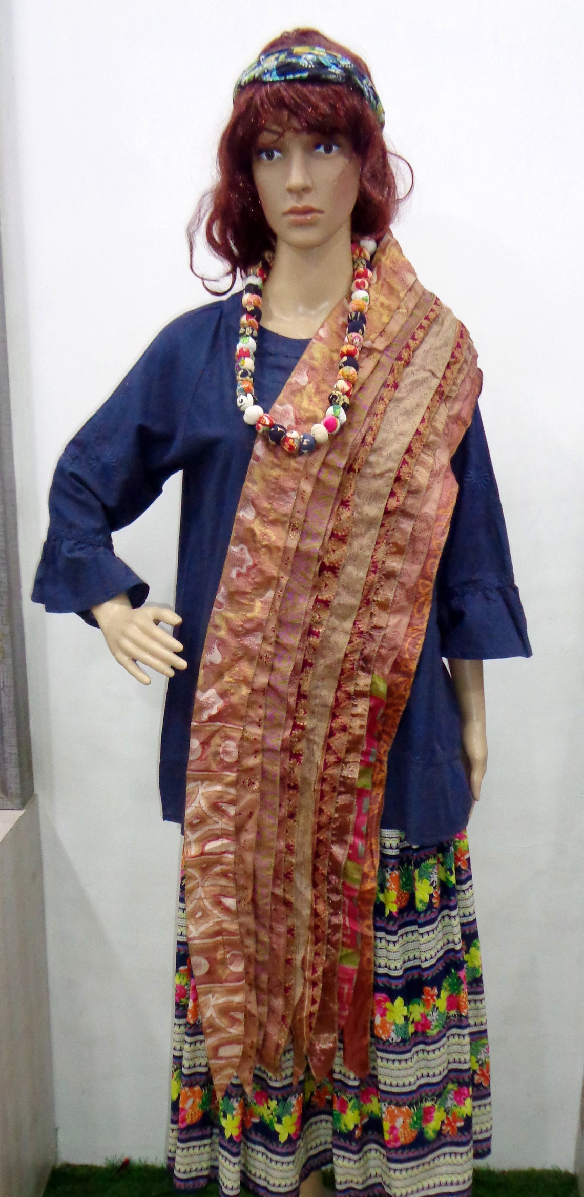 12X80.in Indian Silk Scarf Handmade Women Floral Neck Wrap Etsy