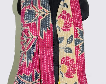 Vintage Reversible Kantha Scarf: Handmade Floral Cotton Shawl