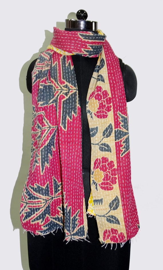 Vintage Reversible Kantha Scarf: Handmade Floral Cotton Shawl