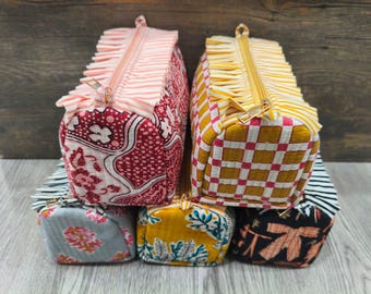 Quilted Wash Bag Handmade Cotton Quilted Pouch Toiletry Bag, Block Print Make Up Bag, Cosmetic Bag Travel Pouch - Free Shipping