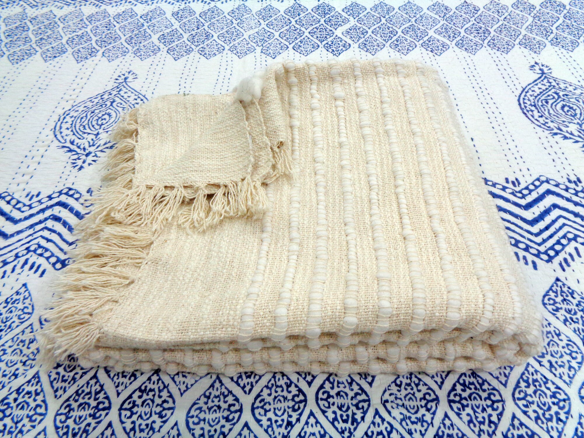 Ivory wool throw blanket , woven blanket, p ppom blanket,throw blanket