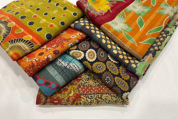 Handmade Floral Cotton Kantha Throw: Reversible Twin Blanket
