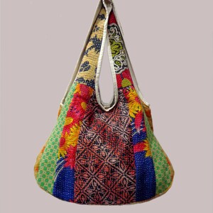 Orange - Handmade Gamcha Fabric Kantha Work Tote Bag main image 1