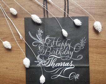 Personalised Gift Bags | Calligraphy Gift Bags | Medium Black Bags | Happy Birthday Gift Bag | Paper Bags | Custom Name Bag