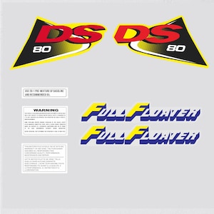 May include: Two yellow and black decals with the text "DS 80" in red. Below the decals are two blue and yellow decals with the text "Full Floater" in white.