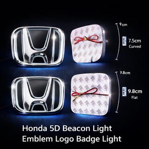 May include: Two Honda 5D beacon light emblem logo badge lights. The top unit is 7.5 cm curved, and the bottom unit is 9.8 cm flat. Both feature a chrome Honda logo with white LED backlighting and adhesive backing with red and black wires.