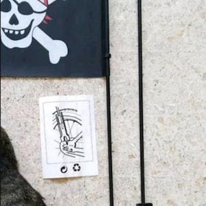 Può includere: Una bandiera pirata nera con un teschio e ossa incrociate bianche e una bandana rossa e bianca sul teschio. La bandiera è attaccata a un'asta di metallo nera con una palla nera in cima. C'è un'asta di metallo nera separata con una base di plastica nera.