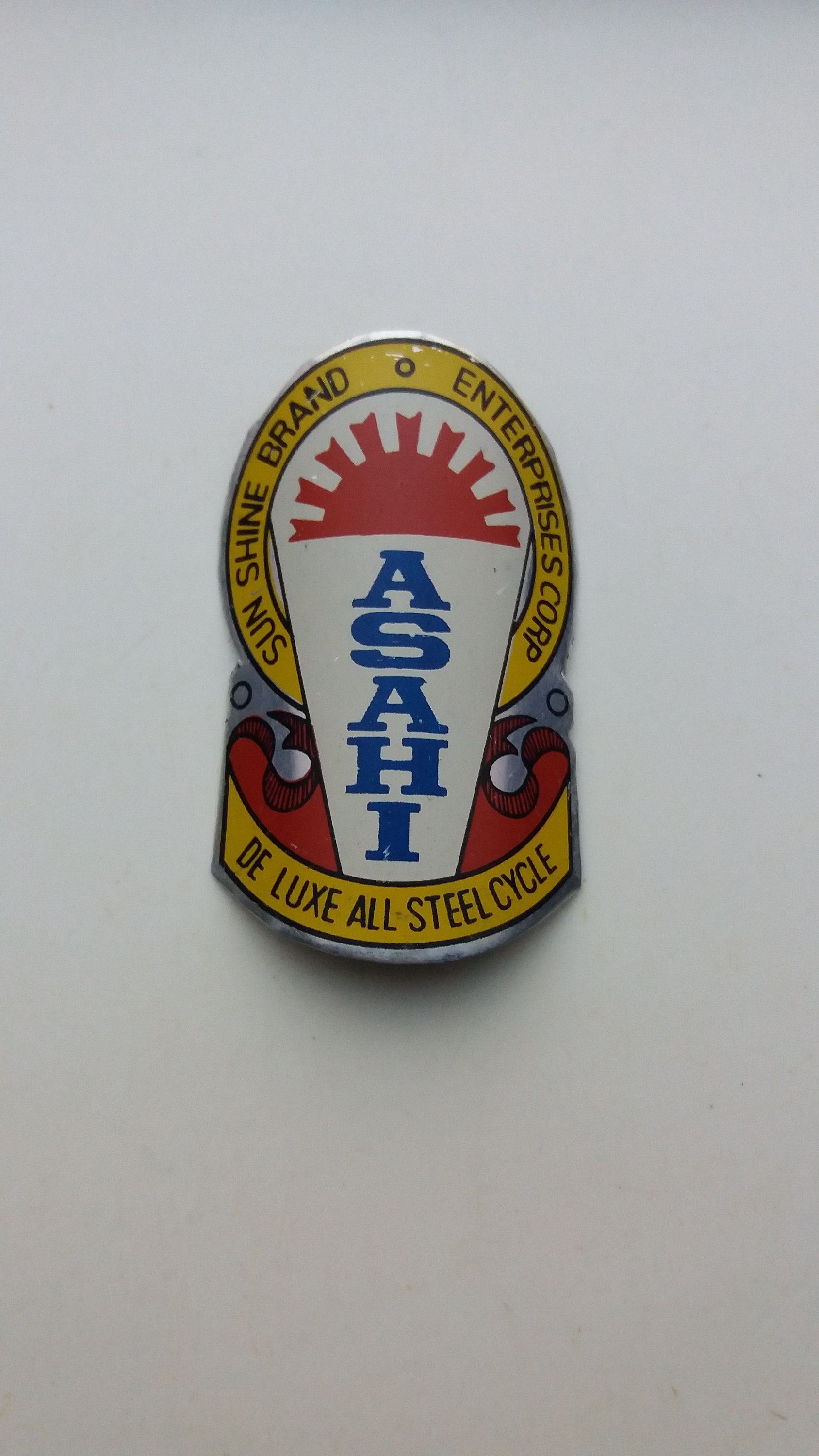 ASAHI DELUXE All Steel Emblem Head Badge For Asahi Japan Vintage Bicycle NOS