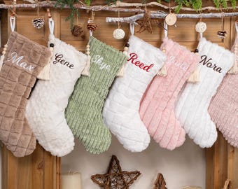 Personalized Christmas Stockings Embroidered Rustic Stockings with Textured Plush for Family Custom Name Farmhouse Stockings Holiday Decor