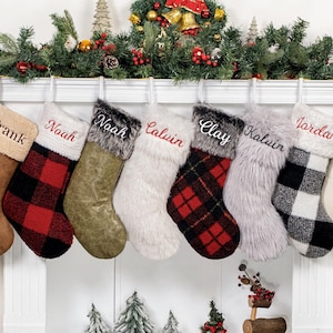 Plaid Christmas Stockings Personalized Minimalist Plush Stocking Embroidery Stocking Holiday Gift Custom Stocking for Family Christmas Decor
