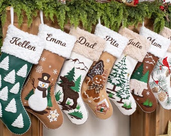 Personalized Christmas Stockings: Leather, Embroidered Applique, Farmhouse Holiday Decor