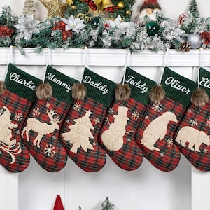 Christmas Stockings Personalized Green Plaid Stockings for Family Decoration Holiday Stockings Embroidered Name Stocking for Christmas Gifts