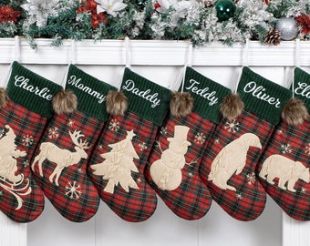 Personalized Christmas Stockings Rustic Embroidered Stockings Farmhouse Vintage Stockings Red Green Plaid Family Stockings for Holiday Decor