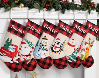 Personalized Christmas Stockings for Holiday Decoration Family Stocking with Buffalo Plaid Burlap Stocking Embroidered for Applique Stocking