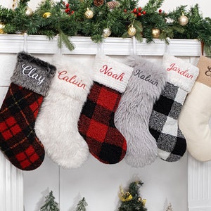 Minimalist Christmas Stockings Personalized Stockings for Holiday Plaid Plush Stocking for Family Embroidered Farmhouse Christmas Decoration
